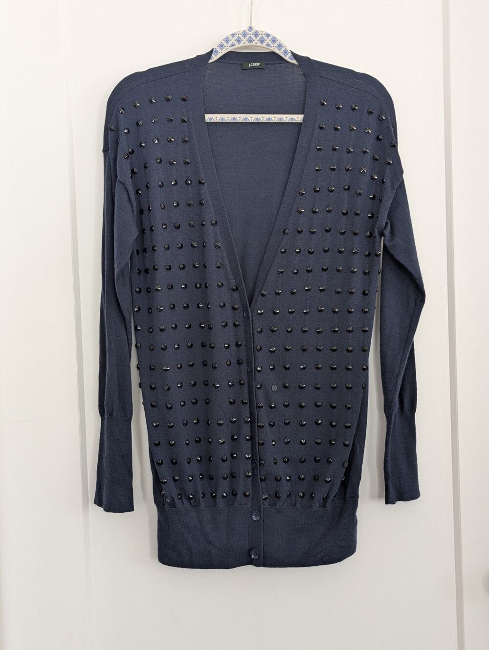 J. Crew Cardigan Sweater Women's XL Bedazzled Beaded Navy Blue Cotton